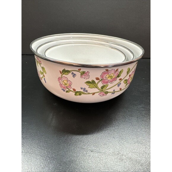 Kobe Kitchen Enamel (3) Mixing Nesting Bowls Floral Vtg Pattern No Lids - Picture 2 of 5